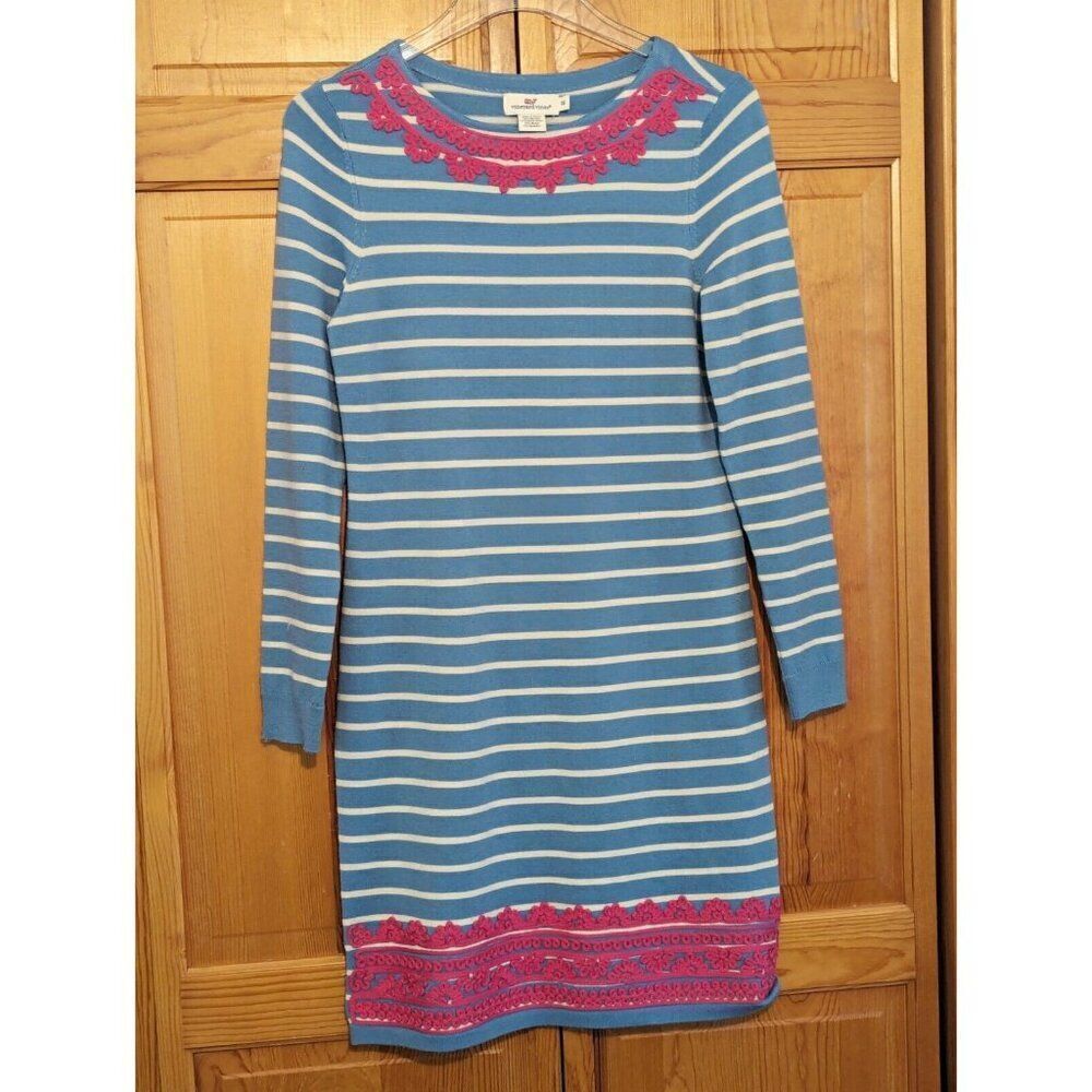 Vineyard Vines Dress Size XS Blue White Striped Pop‎ Pink Floral Embroidered
